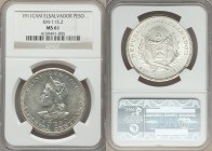 Republic Peso 1911 C.A.M.-(P) (S) MS61 NGC, San Salvador mint, KM115.2. Flag draped arms, liberty cap and swords above, dates below / Columbus bust le...