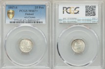 Russian Duchy. Nicholas II 25 Pennia 1917-S MS67+ PCGS, KM19. Imperial double eagle with shield on chest, crown above eagle removed / Denomination and...