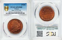 Republic Specimen Essai 10 Centimes 1848 SP65 Red and Brown PCGS, Maz-1315/1302. Designed by Dombard. Liberté head left wearing a necklace of hearts, ...