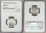 Napoleon III Franc 1868-A MS66+ NGC, Paris mint, KM806.1, Gadoury 463. Laureate head left / Crowned and mantled arms divide denomination From A Specia...