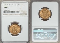 Napoleon III gold 20 Francs 1867-A MS64 NGC, Paris mint, KM801.1. Laureate head right / Crowned and mantled arms divide denomination. From A Special S...