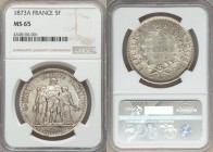 Republic 5 Francs 1873-A MS65 NGC, Paris mint, KM820.1, Gad.-745a. Hercules group / Denomination within wreath. From A Special Selection of World Coin...