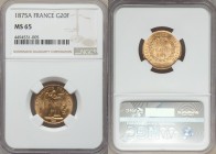 Republic gold 20 Francs 1875-A MS65 NGC, Paris mint, KM825. Standing Genius writing the Constitution, rooster at right, fasces at left / Denomination ...