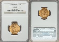 Republic gold 20 Francs 1877-A MS65 NGC, Paris mint, KM825. Standing Genius writing the Constitution, rooster at right, fasces at left / Denomination ...