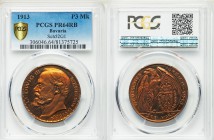 Bavaria. Ludwig III Proof 3 Mark 1913 PR64 Red and Brown PCGS, KM-XM2a, Schaaf 52/G1. Head left / Eagle, wing over crowned shield. Designed by K. Goet...