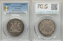 Bremen. Free City Taler 1865-B MS64 PCGS, Hannover mint, KM248, Steul-1. Crowned arms with supporters / Legend within wreath. From A Special Selection...