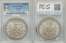 Bremen. Free City 5 Mark 1906-J MS66 PCGS, Hamburg mint, KM251, J-60. Edge: GOTT MIT UNS. Key on crowned shield with supporters / Crowned imperial eag...