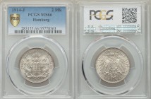 Hamburg. Republic 2 Mark 1914-J MS66 PCGS, Hamburg mint, KM612. Edge: Reeded. Helmeted arms with lion supporters / Crowned imperial eagle with shield ...