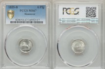 Hannover. Georg V 6 Pfennig 1855-B MS67 PCGS, Hannover mint, KM218, J-76, AKS-150. Rearing horse left / Denomination and date. From A Special Selectio...