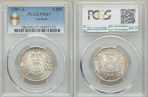 Lübeck. Free City 2 Mark 1907-A MS67 PCGS, Berlin mint, KM 212. Edge: Reeded. Double imperial eagle with divided shield on breast / Crowned imperial e...
