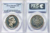 Prussia. Wilhelm II Proof 3 Mark 1911-A PR64 Deep Cameo PCGS, Berlin mint, KM527. Edge: GOTT MIT UNS. Head right / Crowned imperial eagle with shield ...