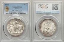 Prussia. Wilhelm II 3 Mark 1913-A MS66 PCGS, Berlin mint, KM534, J-110. Edge: GOTT MIT UNS. Eagle with snake in talons, denomination below / Figure on...