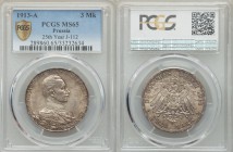 Prussia. Wilhelm II 3 Mark 1913-A MS65 PCGS, Berlin mint, KM535, J-112. Edge: GOTT MIT UNS. Uniformed bust right / Crowned imperial eagle with shield ...