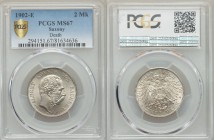 Saxony. Georg 2 Mark 1902-E MS67 PCGS, Muldenhutten mint, KM1245. Edge: Reeded. Head right / Crowned Imperial eagle with shield on breast. Struck to c...