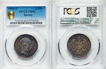 Saxony. Georg Proof 2 Mark 1902-E PR64 PCGS, Muldenhutten mint, KM1255. Edge: Reeded. Head right / Crowned Imperial eagle with shield on breast. Struc...