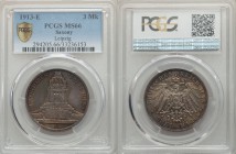Saxony. Friedrich August III 3 Mark 1913-E MS66 PCGS, Muldenhutten mint, KM1275. Monument divides date above / Crowned imperial eagle with shield on b...