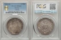 Saxony. Friedrich August III 3 Mark 1913-E MS66 PCGS, Muldenhutten mint, KM1275. Monument divides date above / Crowned imperial eagle with shield on b...