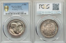 Württemberg. Wilhelm II 3 Mark 1911-F MS67 PCGS, Freudenstadt mint, KM636; J-177a. Conjoined heads right, normal bar in "H" of "CHARLOTTE" / Crowned i...