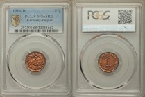 Wilhelm II Pfennig 1916-D MS65 Red PCGS, Munich mint, KM10. Denomination, date at right / Large crowned imperial eagle with shield on breast. From A S...