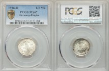 Wilhelm II 1/2 Mark 1916-D MS67 PCGS, Munich mint, KM17. Edge: Reeded. Denomination within wreath / Crowned imperial eagle with shield on breast withi...