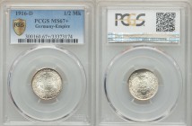 Wilhelm II Pair of Certified 1/2 Marks 1916-D PCGS, 1) 1/2 Mark - MS67+ 2) 1/2 Mark - MS67 Munich mint, KM17. From A Special Selection of World Coins
...