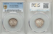 Wilhelm II 1/2 Mark 1917-A MS66 PCGS, Berlin mint, KM17. Edge: Reeded. Denomination within wreath / Crowned imperial eagle with shield on breast withi...