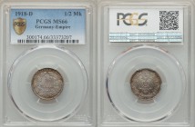 Wilhelm II 1/2 Mark 1918-D MS66 PCGS, Munich mint, KM17. Edge: Reeded. Denomination within wreath / Crowned imperial eagle with shield on breast withi...
