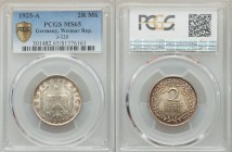 Weimar Republic 2 Reichsmark 1925-A MS65 PCGS, Berlin mint, KM45, Jaeger 320. Eagle above date / Denomination within wreath. From A Special Selection ...