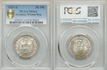Weimar Republic 2 Reichsmark 1931-E MS64 PCGS, Muldenhutten mint, KM45, J-320. Eagle above date / Denomination within wreath. KM 45; J.-320. From A Sp...