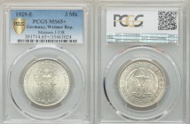 Weimar Republic 3 Reichsmark 1929-E MS65+ PCGS, Muldenhutten mint, KM65, J-338. Eagle within circle, denomination below / Central figure holding shiel...