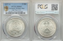 Weimar Republic 5 Reichsmark 1927-A MS65 PCGS, Berlin mint, KM56, J-331. Eagle within circle, denomination below / Oaktree divides date. From A Specia...