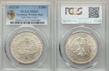Weimar Republic 5 Reichsmark 1927-D MS65 PCGS, Munich mint, KM56, J-331. Eagle within circle, denomination below / Oaktree divides date. From A Specia...