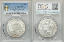 Weimar Republic 5 Reichsmark 1927-G UNC Details (Cleaning) PCGS, KM56, J-331. Eagle within circle, denomination below / Oaktree divides date. From A S...