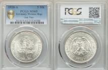 Weimar Republic 5 Reichsmark 1928-A MS65 PCGS, Berlin mint, KM56, J-331. Eagle within circle, denomination below / Oaktree divides date. From A Specia...