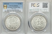 Weimar Republic 5 Reichsmark 1931-D MS66 PCGS, Munich mint, KM56, J-331. Eagle within circle, denomination below / Oaktree divides date. From A Specia...