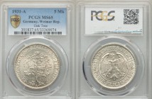 Weimar Republic 5 Reichsmark 1931-A MS65 PCGS, Berlin mint, KM56, J-331. Eagle within circle, denomination below / Oaktree divides date. From A Specia...