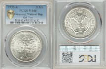 Weimar Republic 5 Reichsmark 1932-A MS65 PCGS, Berlin mint, KM56, J-331. Eagle within circle, denomination below / Oaktree divides date. From A Specia...