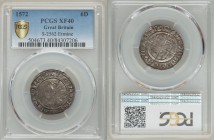 Elizabeth I Sixpence 1572 XF40 PCGS, S-2562; N-1997. Crowned bust left, ear showing, wearing ruff, rose behind / Royal shield over cross fourchée; dat...