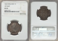 Charles II Shilling 1663 XF45 NGC, KM418.2, S-3371. First bust of Charles II right / Crowned cruciform arms with linked C's in angles, date divided at...