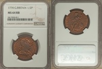 George III 1/2 Penny 1774 MS64 Red and Brown NGC, KM601, S-3774. Laureate bust right / Britannia seated left. From A Special Selection of World Coins
...