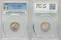 Victoria 3 Pence 1897 MS66 PCGS, KM777, S-3929. Mature draped bust left / Crowned denomination divides date within oak wreath. From A Special Selectio...