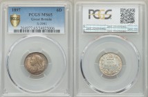 Victoria 6 Pence 1897 MS65 PCGS, KM779, S-3941. Edge: Reeded. Mature draped bust left / Crown above denomination within oak wreath. From A Special Sel...