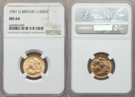 Victoria gold 1/2 Sovereign 1901 MS64 NGC, KM784, S-3878, F-397. Mature draped bust left / St. George slaying the dragon right. From A Special Selecti...