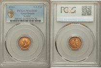 George V 1/3 Farthing 1913 MS65 Red PCGS, KM823. Head left / Crowned value within oak wreath. Homeland style struck for Malta. From A Special Selectio...