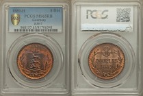 British Dependency 8 Doubles 1889-H MS65 Red and Brown PCGS, Heaton mint, KM7. National arms within 3/4 wreath / Value, date within wreath. From A Spe...