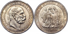 Franz Joseph I 5 Korona 1907-KB MS65 PCGS, Kremnitz mint, KM489. Laureate head right / Coronation scene. Struck to commemorate the 40th Anniversary of...