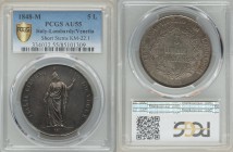 Lombardy - Venetia. Provisional Government 5 Lire 1848-M AU55 PCGS, Milan mint, KM22.1. Italia standing facing, head right, star above / Value within ...