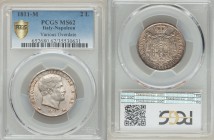 Kingdom of Napoleon. Napoleon I 2 Lire 1811-M MS62 PCGS, Milan mint, KM-C9.1. Head right / Shield on eagle within crowned mantle. From A Special Selec...