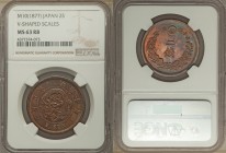 Meiji 2 Sen Year 10 (1877) MS63 Red and Brown NGC, KM-Y18.2, JNDA-01-45. V-scales on dragon's body within beaded circle / Value above sprays, chrysant...