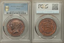 British Dependency. Victoria 1/13 Shilling 1861 MS63 Red and Brown PCGS, KM3. Head left, date below / STATES OF JERSEY, above ornate shield and denomi...